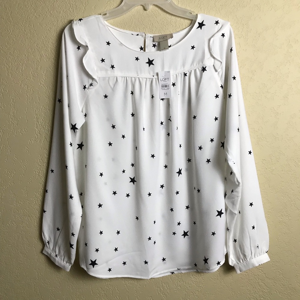 Loft Pull Over Blouse Stars and Shoulder Ruffles